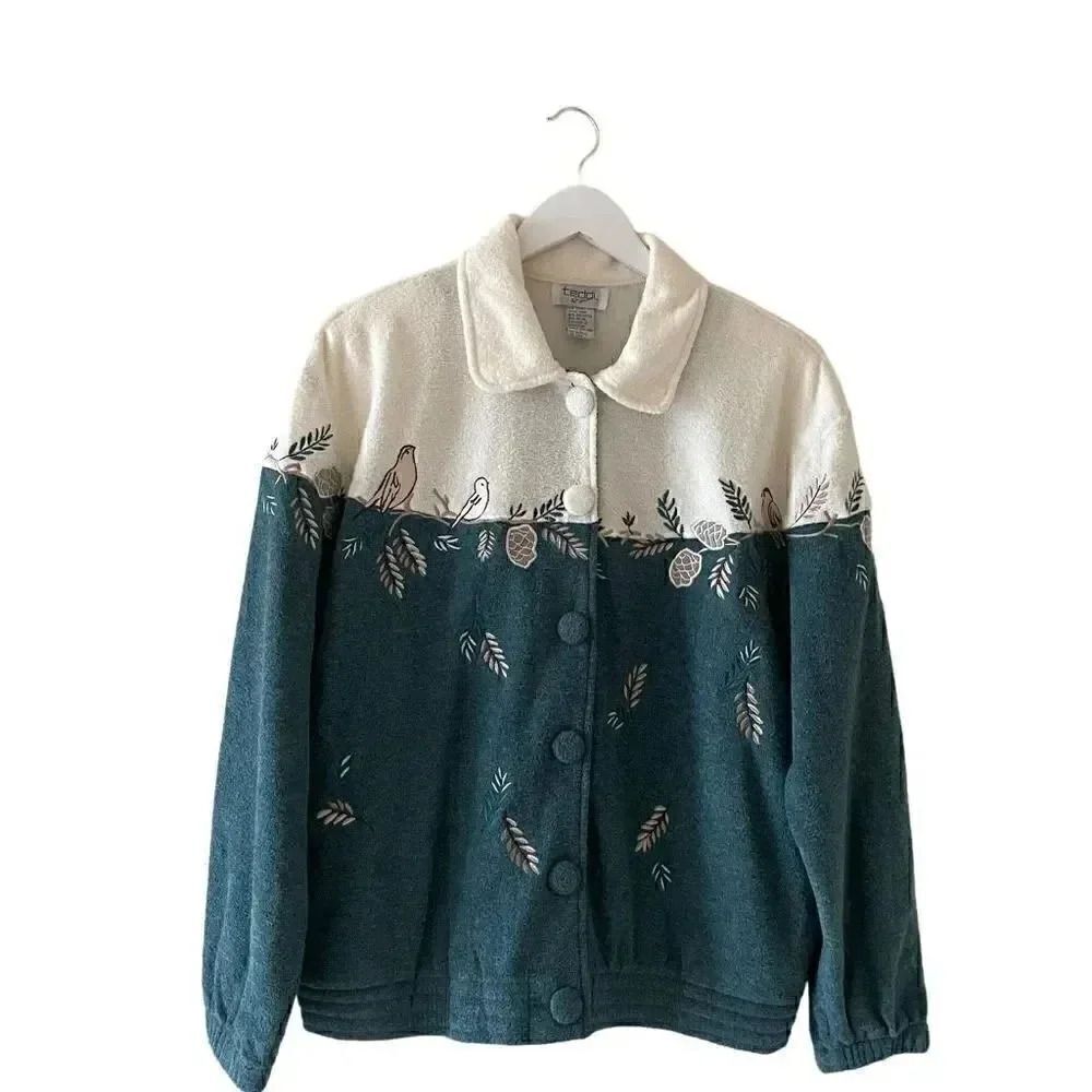 Vintage Teddi Cabin Fever Women's Fleece  Novelty Print Teal Embroidered Birds M